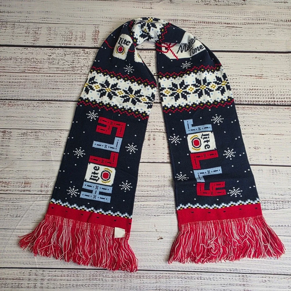Miller Lite Beer Ugly Christmas Scarf Navy Blue Fair Isle Its Miller Time Fringe